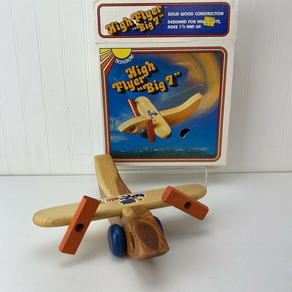 Vintage Sunbow Wooden High Flyer “Big 7” Airplane 1980 Wood Toy Plane W/Box USA - Picture 1 of 6